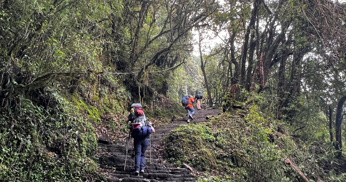 walking uphill during the trek