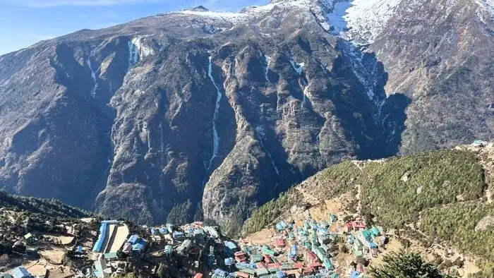 Everest Base Camp trekking trail passing through Namche Bazaar village.