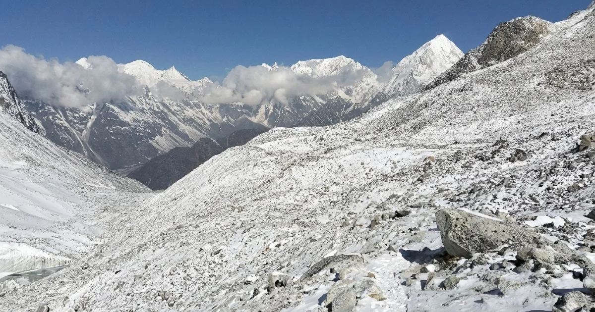Rocky path and mountain view in glacier areas