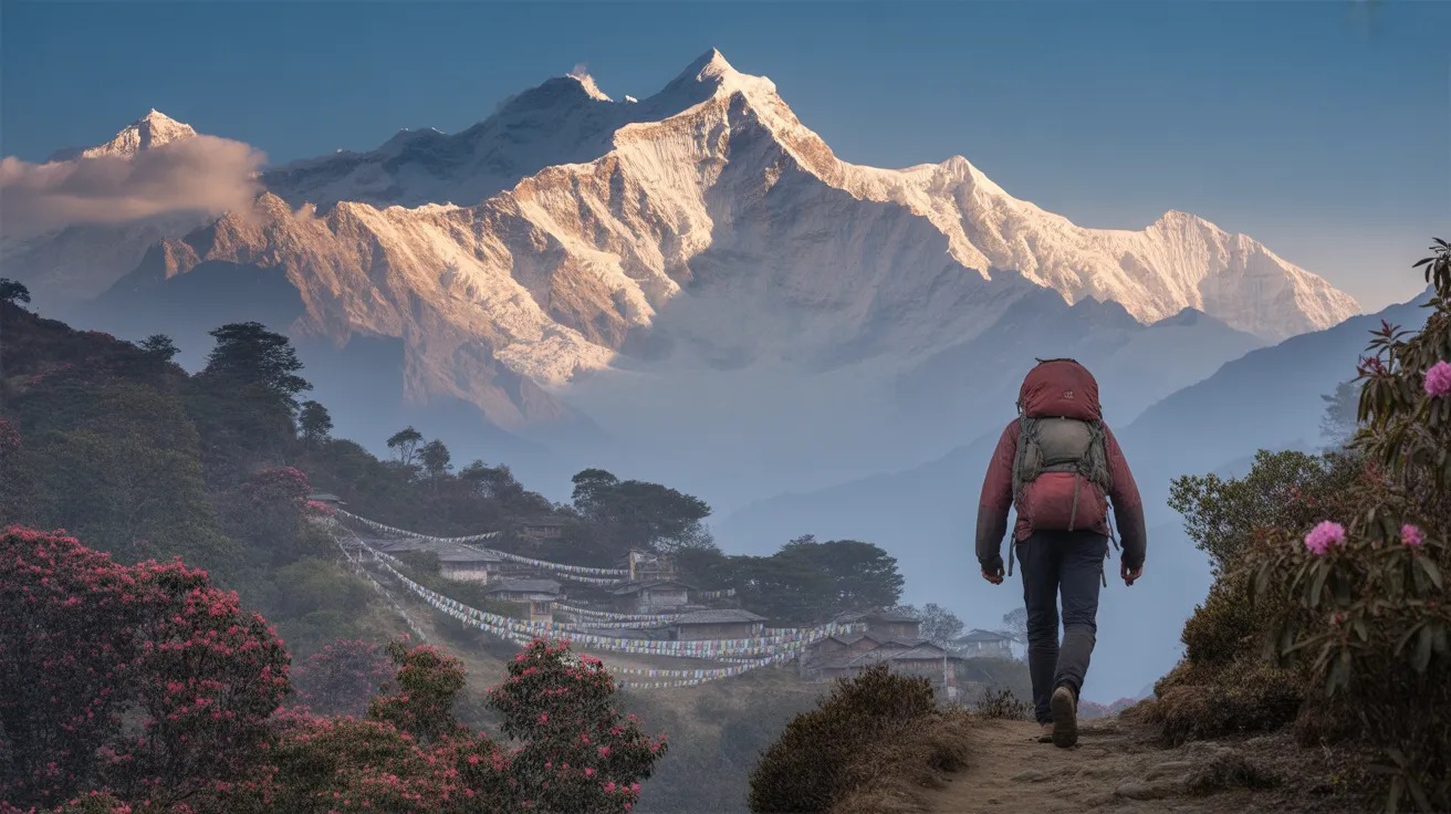 Hiker walking toward snow-capped mountains