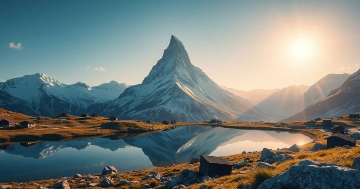 Swiss Alps with Matterhorn, lake, meadows, and chalets