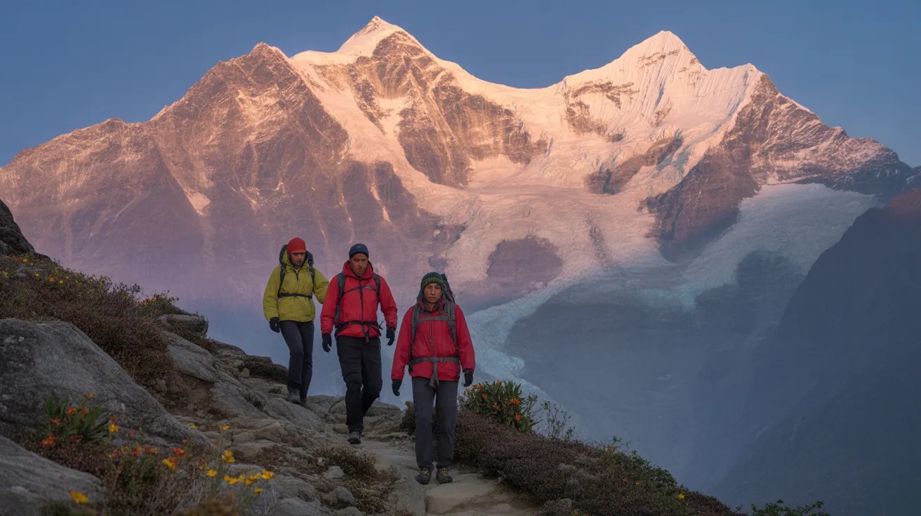 Trekkers walking with sun-kissed Kanchenjunga in background