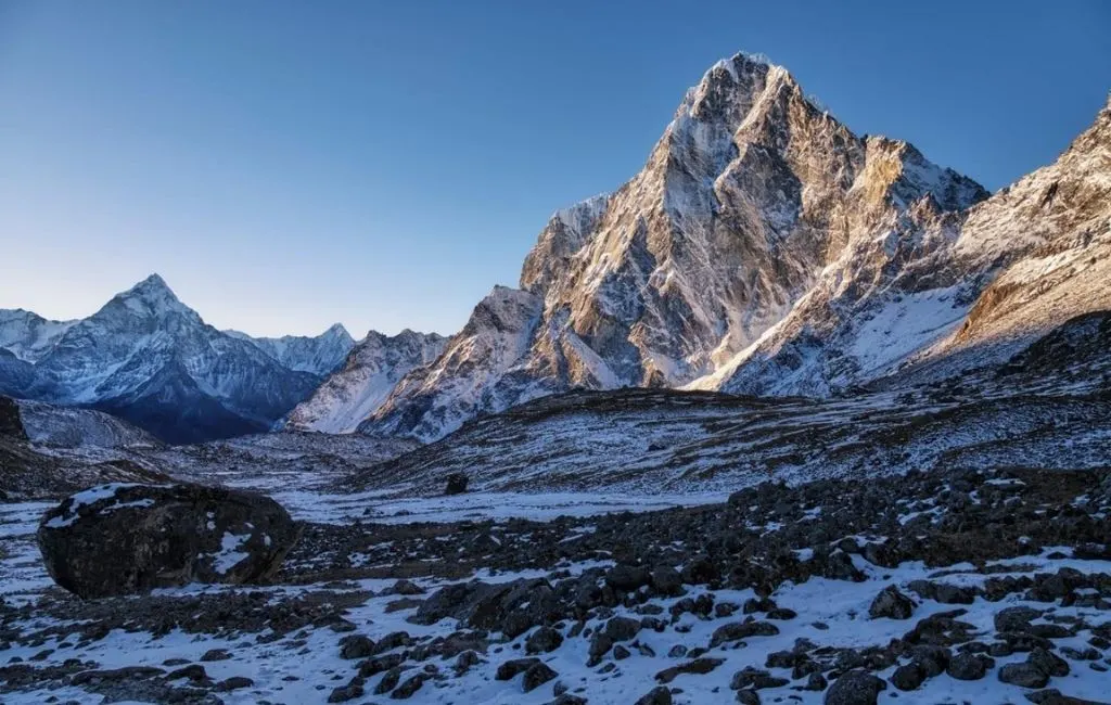 On the way to Lobuche with majestic mountains along the trail